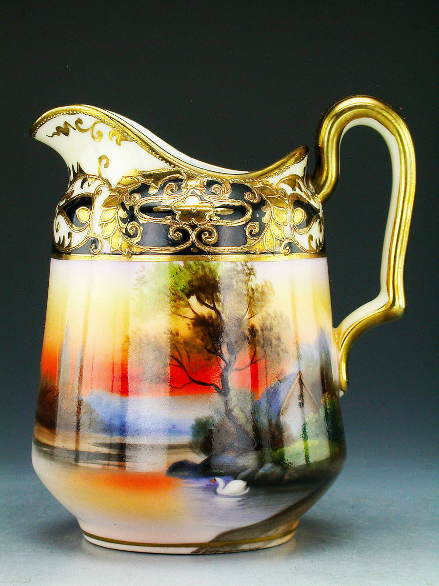 オールドノリタケ銘品!! オールドノリタケ・金盛上湖畔風景図紋ジャグ