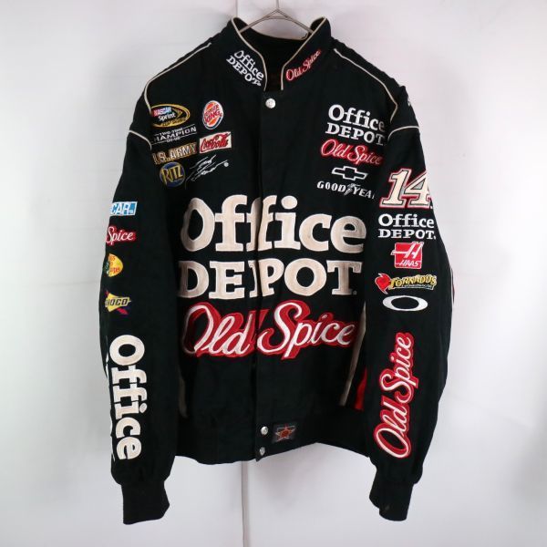 JH Design コットンジャケット レーシングジャケット コットンブルゾン レース ワッペン 刺 レーサー 黒 (M) 中古 古着 K1369