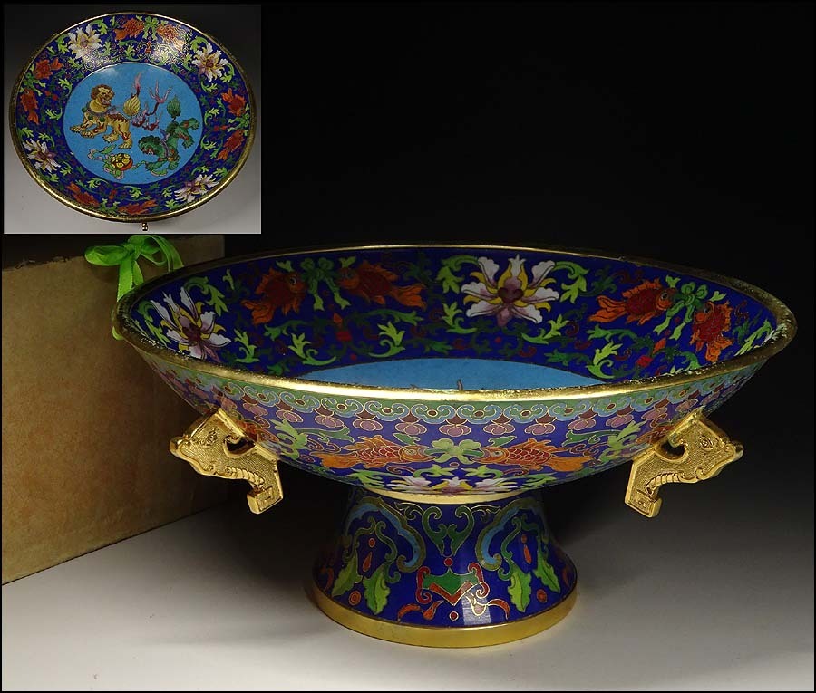 緑屋xt■ 中国古玩　銅胎七宝　大鉢　幅約31cm　箱付 唐物 時代物　i9/9-6497/21-4#120