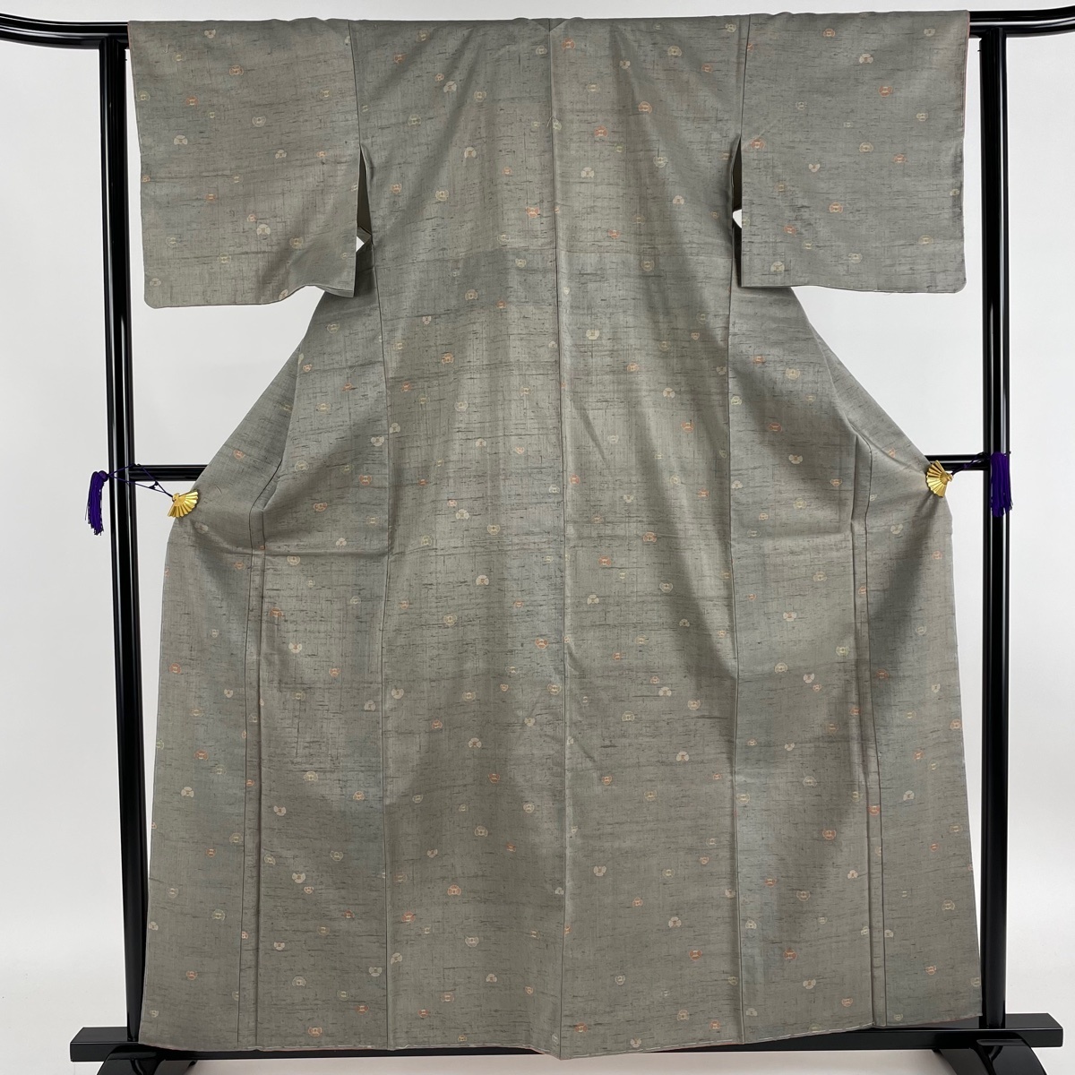 小紋 美品 秀品 紬地 福良雀 灰緑 袷 161cm 62cm S 正絹 【中古】 ☆☆☆