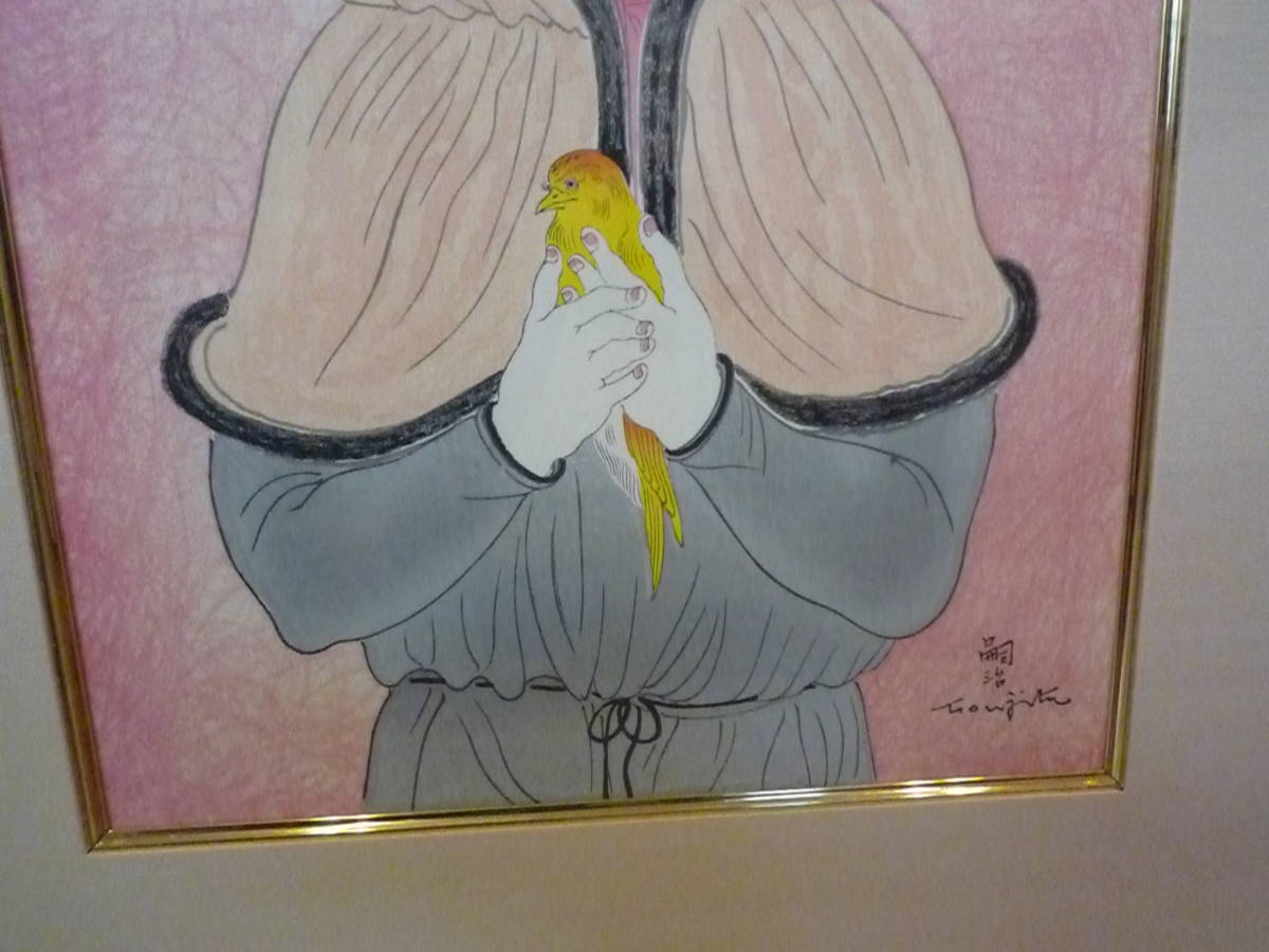 藤田嗣治 「カナリアと子供」木版画 レオナール・フジタ「カナリアを 