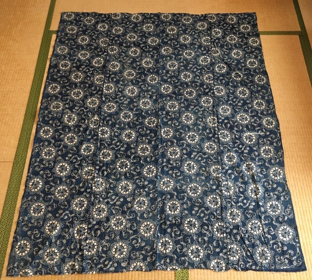 藍染 古布 木綿 襤褸 古裂 布団皮 在庫SALE 0019c 型染め 菊唐草文様
