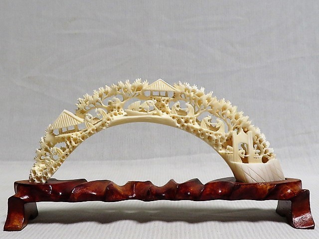 時代物 大型寿山石 高浮彫『祥瑞山水人物図』置物 手彫り擺件中国古賞物