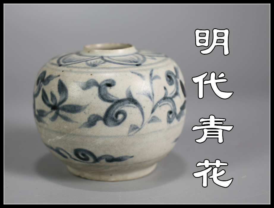 C6386 唐物 【明代青花】 安南染付 唐草文 茶入／保管箱付 美品