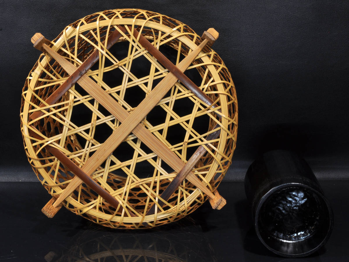 未使用 茶道具 轡 昭竹斎作 竹花入 花籠 竹おとし付き 刻印 茶室 元箱