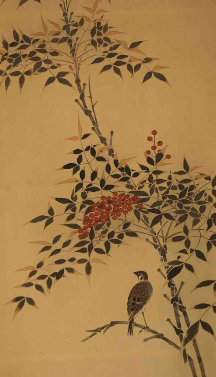 掛軸 掛物 古書画 絵画 南天花鳥図 水墨画 花鳥画 風景画 銘あり