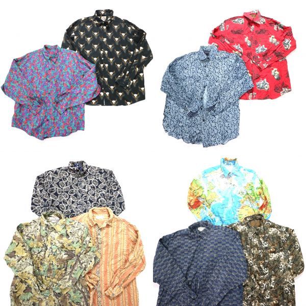 ◎総柄 長袖シャツ set クレイジー ボーン 世界地図 他 (L) 10枚セット まとめ 大量 古着卸 1円スタート 最落なしME7577