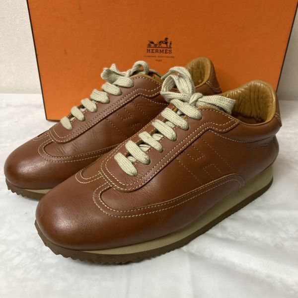 極上品 エルメス HERMES Quick クイック レザースニーカー キャメル