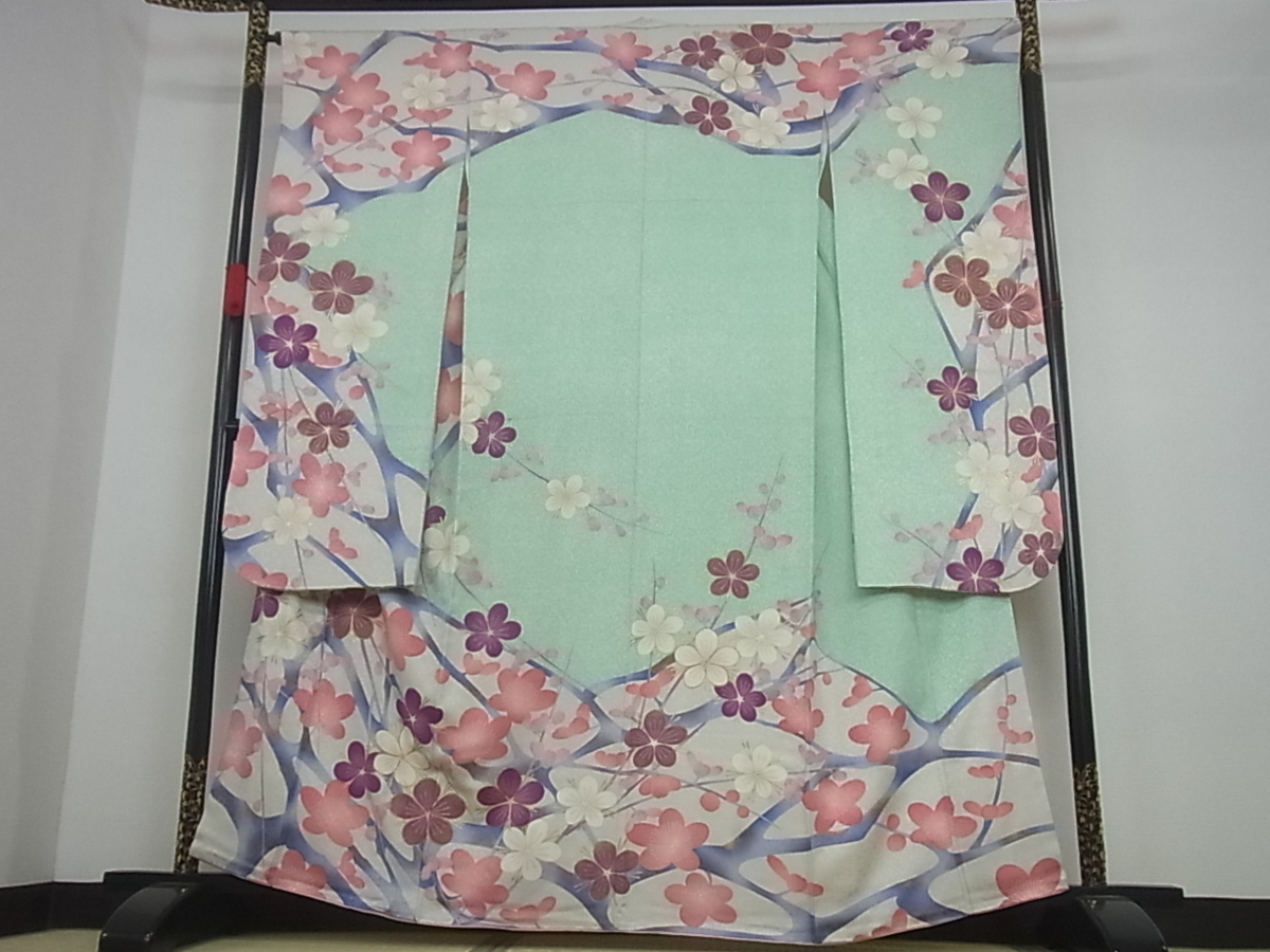 446 振袖フルセット 正絹 岩田専太郎 金彩 駒刺繍 絞り クリーム 青 紫 着物屋こころ□紫綬褒章 巨匠『岩田専太郎』 振袖 駒刺繍 枝梅文 金彩