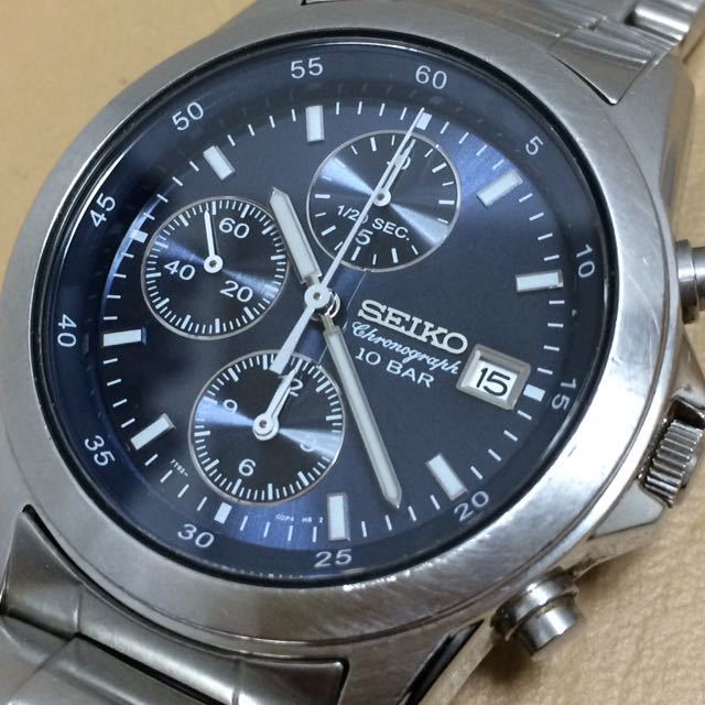 937-0677 SEIKO セイコー 7T92-0DM0 メンズ腕時計 クロノグラフ 金属ベルト 文字盤青 電池切れ 動作未確認