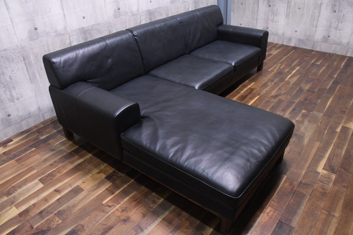 ALC43 美品 ナガノインテリア カウチソファ ブラック ソフトレザー 