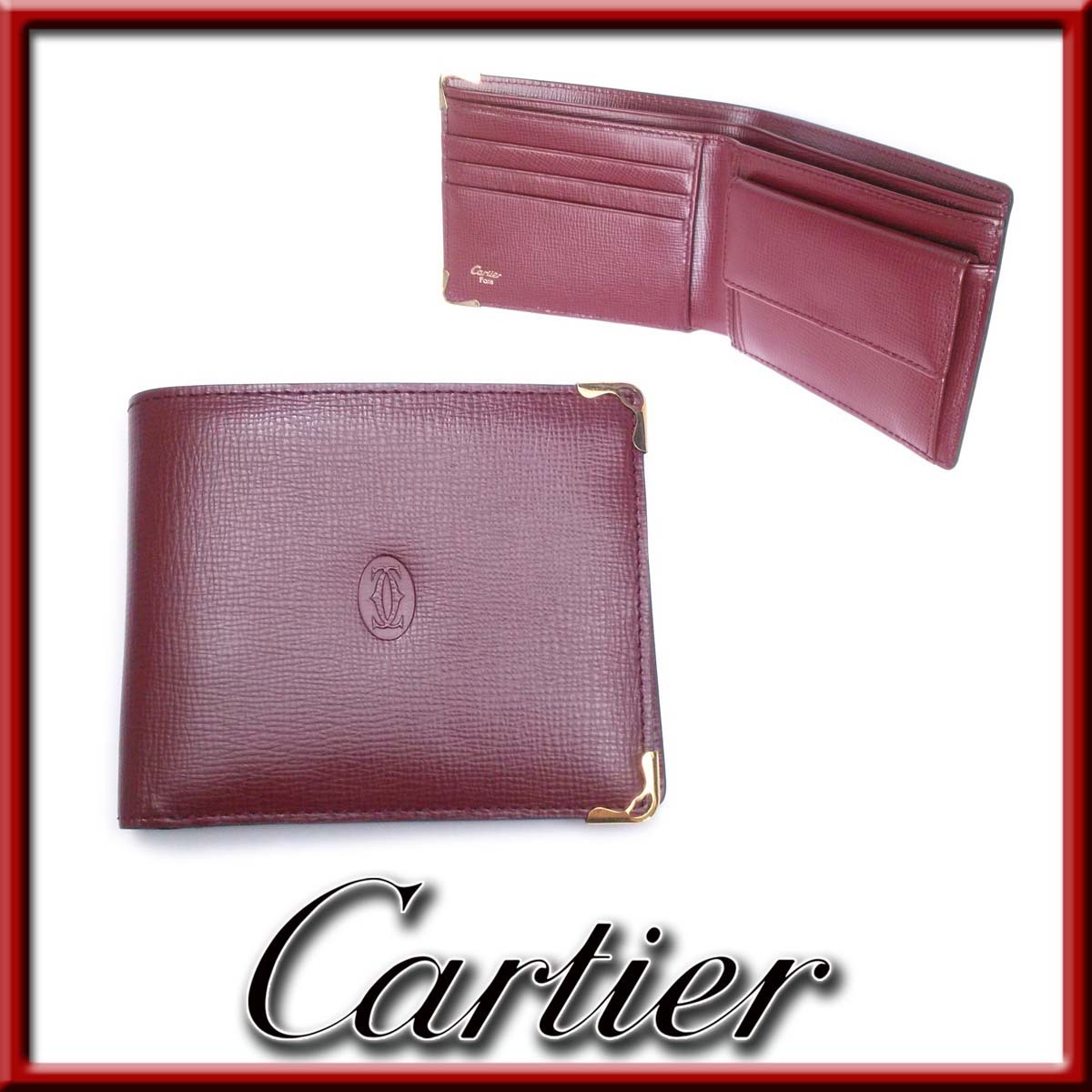 【新品同様-超美品】カルティエ マスト 2つ折り財布 【一番古い革より新型素材】ボルドー レザー 箱 appre7348【一撃即決】