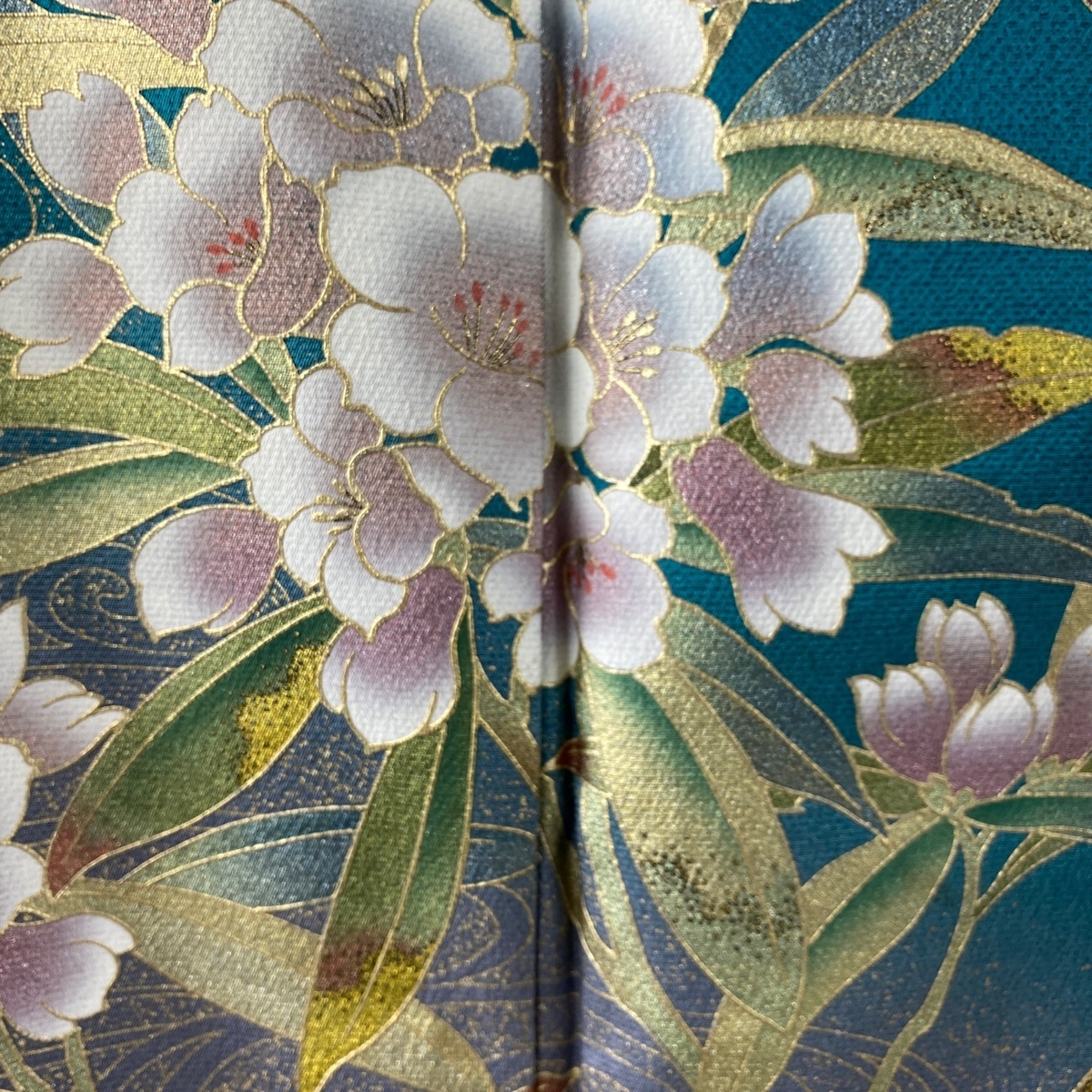 振袖 美品 秀品 袋帯フルセット 枝花 流水 金彩 ぼかし 青緑 袷