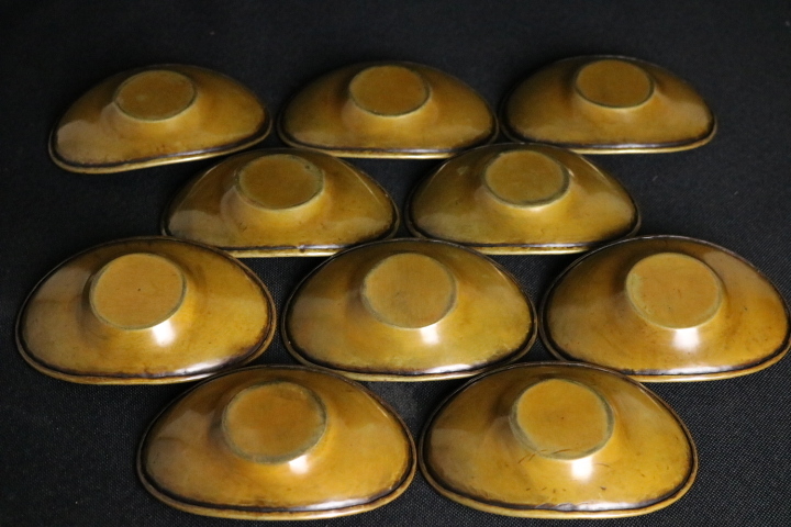 TB526黄銅槌目茶托 10客 木箱入り◇箱に五郎三郎の銘/金属工芸/煎茶 