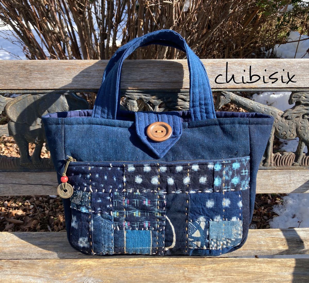 chibisix○○ハンドメイド 古布 バッグ○○型染め 絣 藍染 トート