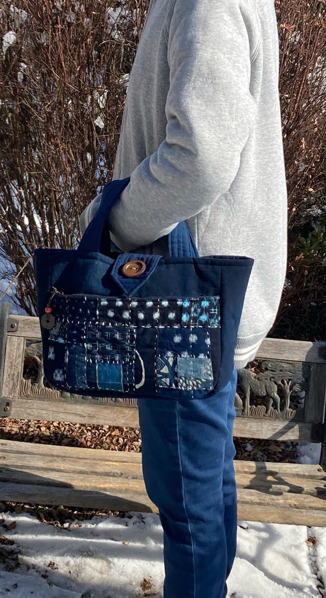 chibisix○○ハンドメイド 古布 バッグ○○型染め 絣 藍染 トート