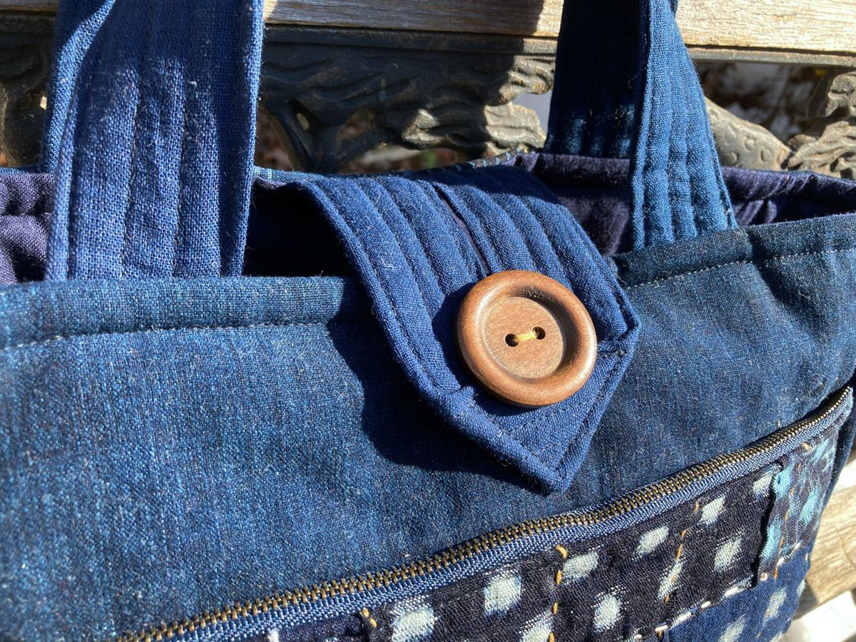 chibisix○○ハンドメイド 古布 バッグ○○型染め 絣 藍染 トート