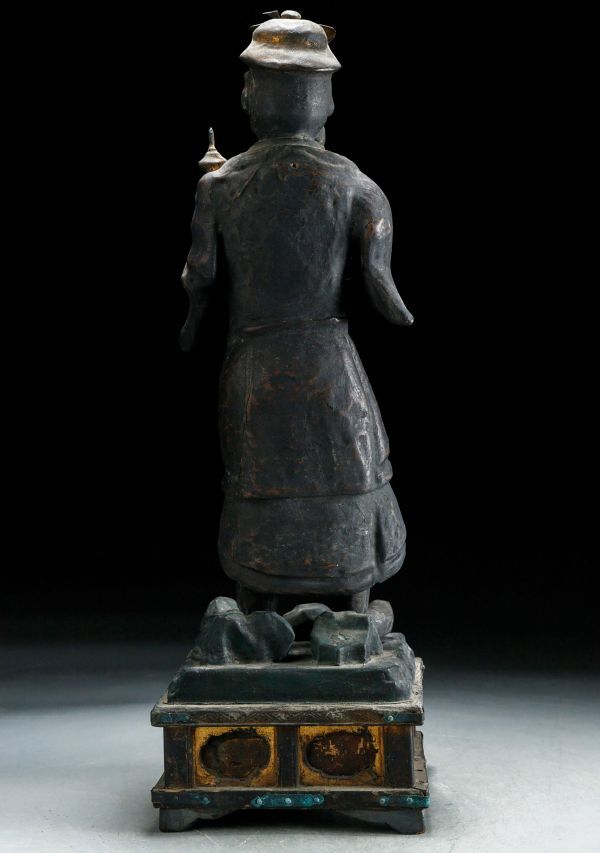 Q289. 時代仏教美術 木彫金彩 毘沙門天像 高45cm / 置物飾り物東洋彫刻