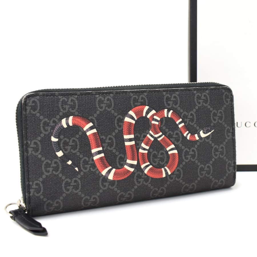 美品 GUCCI スネークプリント ラウンドファスナー 長財布 GGスプリーム