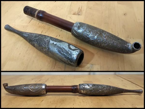喧嘩 煙管 キセル 龍 虎 図 彫金 細工 極太 竹管 煙草 パイプ 