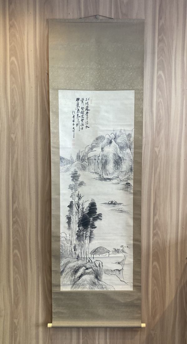 【真作】掛軸　長井雲坪　山水図　墨一色の幽玄美　詩情あふれる一幅　S162 M 掛け軸 1点 長井雲坪扇筆 擬忱雲林〇墨山水〇紙本条幅 〇亭鑑題 K②