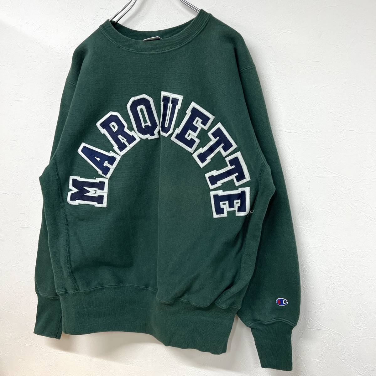 1000円スタート ◆ 希少 90s USA製 Champion Reverse Weave sweat Green Champlain Marquette College チャンピオン リバースウィーブ ◆ USA製 Champion 90s 目あり 1000円スタート◇ レア