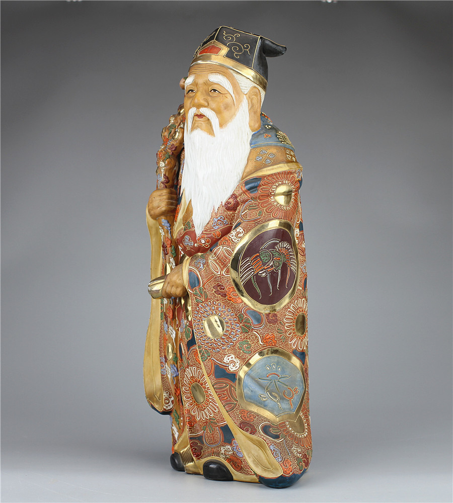 九谷八幡窯　寿老 C6939 【九谷八幡窯】 九谷焼 金彩色絵寿老人 置物 高48cm／状態いい美