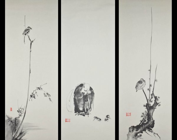 M6712 宮本武蔵「三幅対 枯木鳴鵙図 紅梅鳩図 布袋観闘鶏図」絹本 工芸