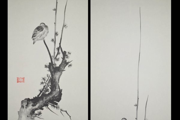 M6712 宮本武蔵「三幅対 枯木鳴鵙図 紅梅鳩図 布袋観闘鶏図」絹本 工芸