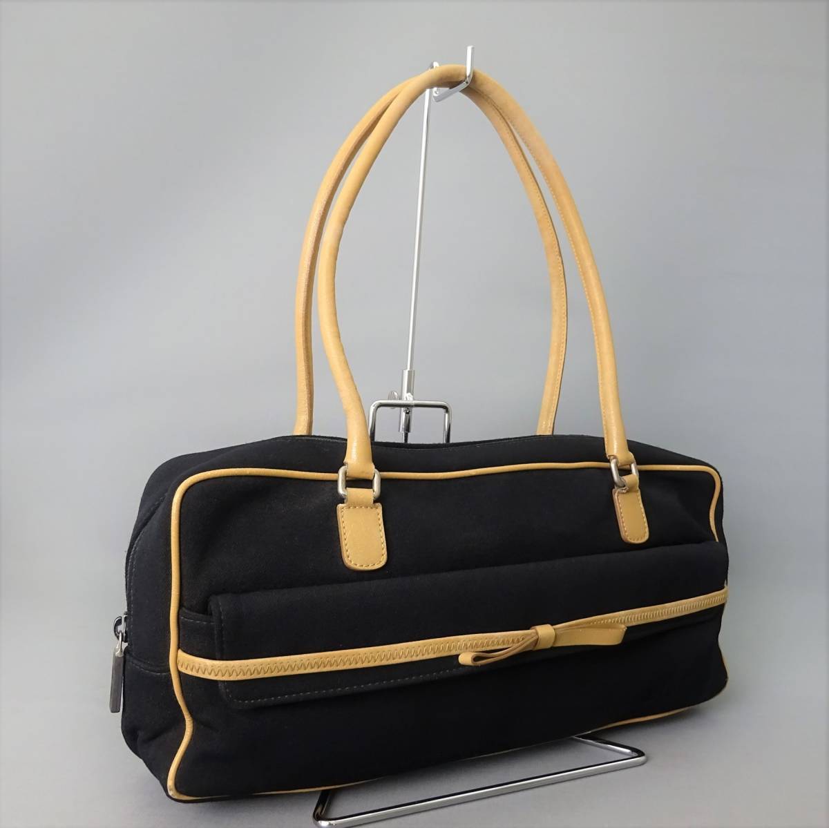 本物□ミュウミュウ□リボン/ブラックキャンバス/キャメルレザー 