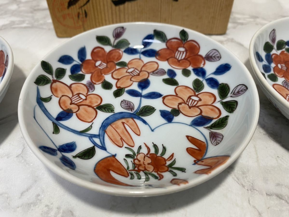 有田焼】源右衛門 小皿 6客揃 染錦椿紋 共箱 和食器 銘々皿 椿文 椿絵