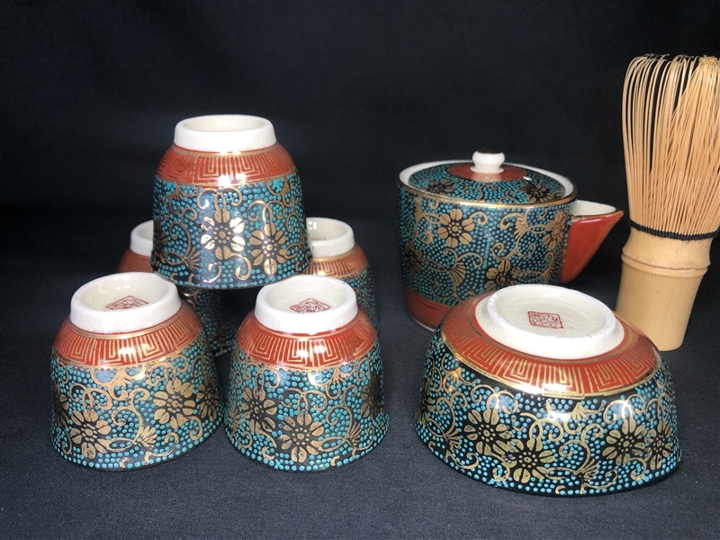 7006 九谷焼 谷口 造 茶器セット 煎茶道具 急須 湯冷まし 湯呑み 5客