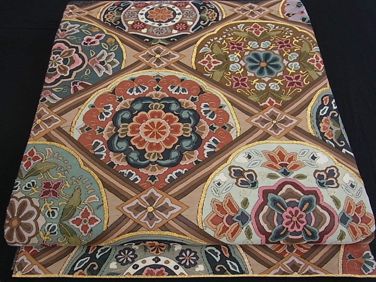 平和屋-こころ店◎袋帯 総駒刺繍 花唐草文 引箔 正絹 逸品 AAAJ6246Aru 