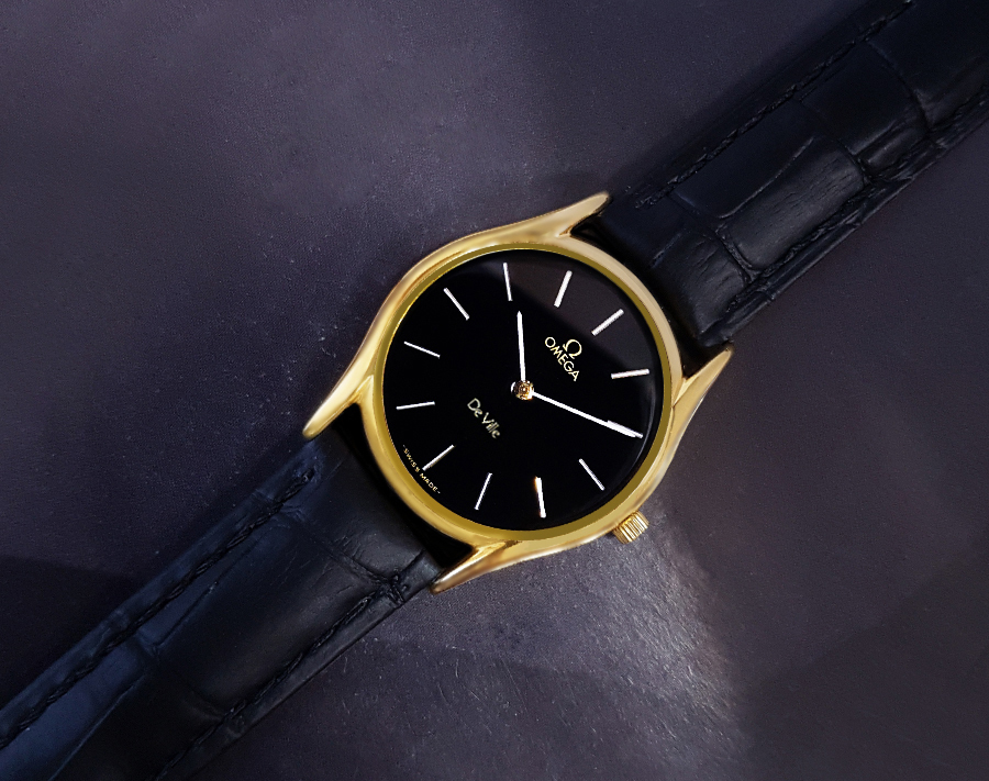 【新品電池】オメガ デビル Cal1450 ストライプ文字盤 ヘキサゴン 金 OMEGA】オメガデビル18K-GP☆希少!黒文字盤☆メンズ腕時計【新品仕上げ