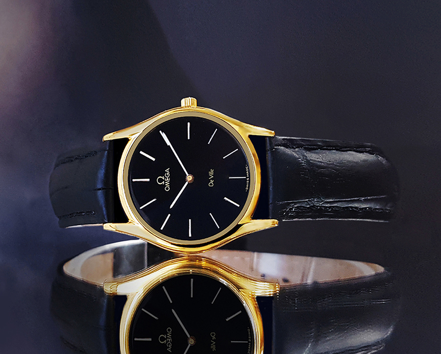 【新品電池】オメガ デビル Cal1450 ストライプ文字盤 ヘキサゴン 金 OMEGA】オメガデビル18K-GP☆希少!黒文字盤☆メンズ腕時計【新品仕上げ