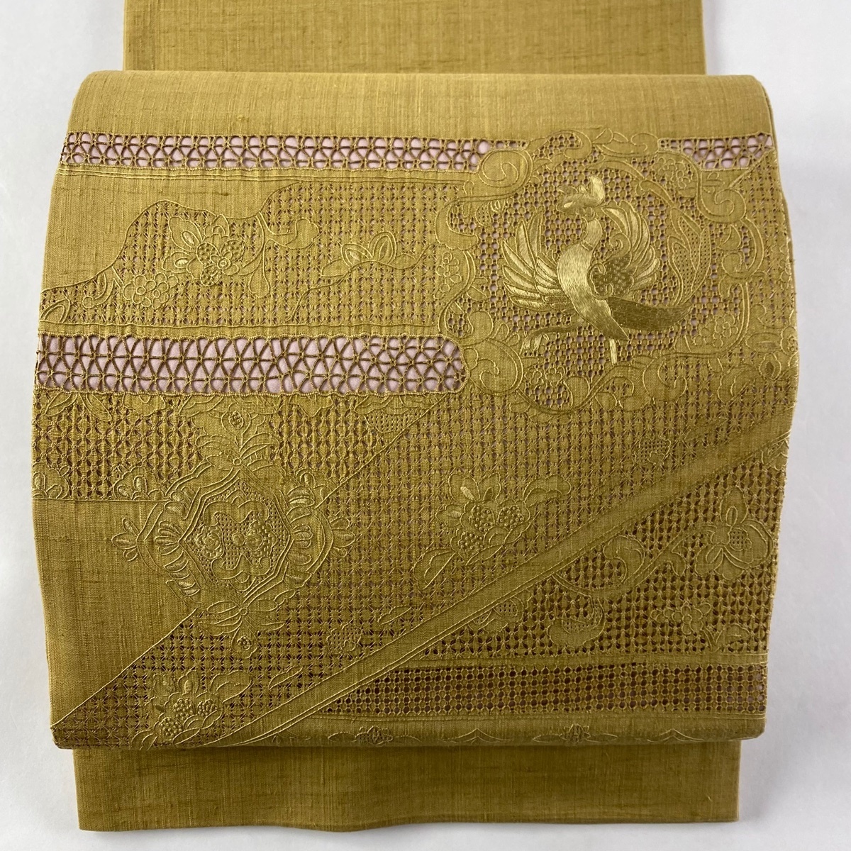 袋帯 美品 秀品 紬地 華文 鳳凰 汕頭刺繍 刺繍 茶緑色 お太鼓柄 正絹 【中古】 ☆☆☆
