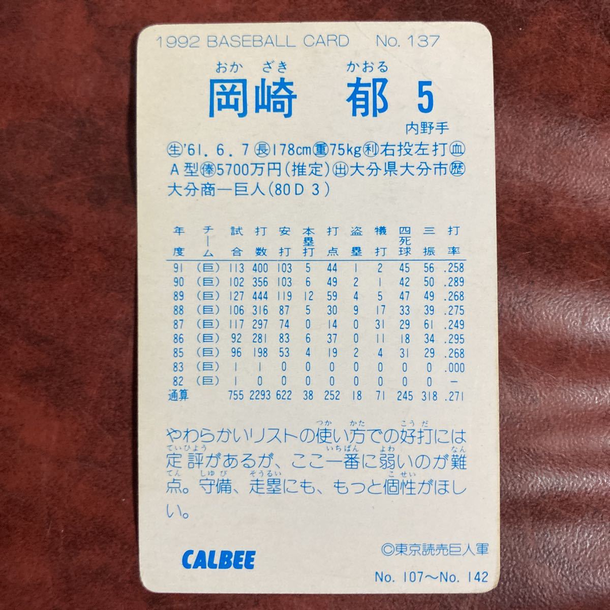 岡崎郁】92年No.137 読売ジャイアンツ(1992年)｜売買された