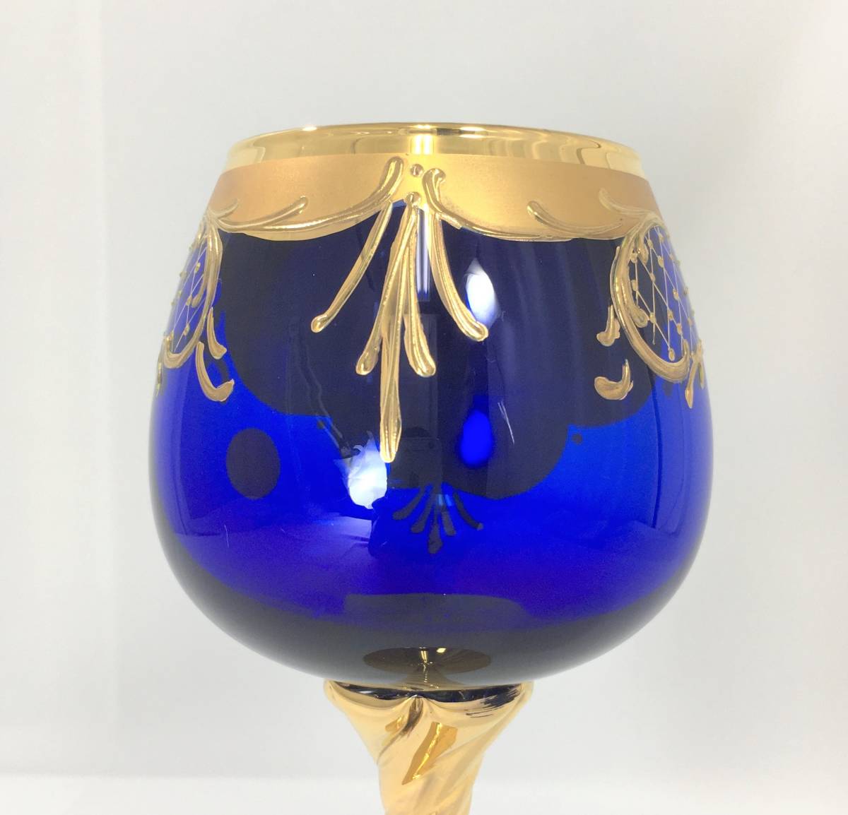 未使用】ベネチアングラス ワイングラス 22cm 青 ブルー 24KT 金彩 花