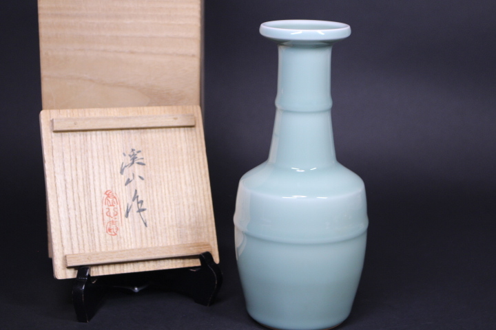 u-4100 加藤渓山作 砧青磁花生 共箱 花器 花瓶 工芸品 アンティーク