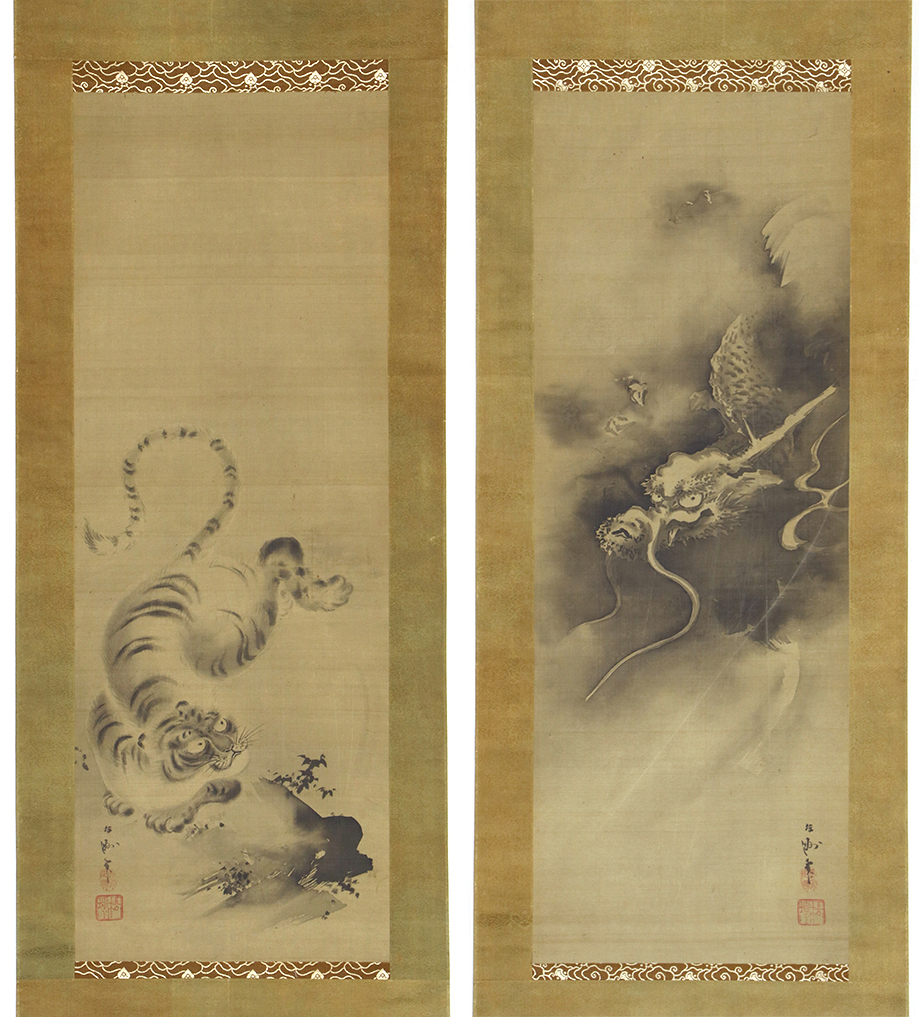 真作 江戸動物画】掛軸「菊田伊洲 龍虎図 双幅」江戸後期 画家 谷文晁