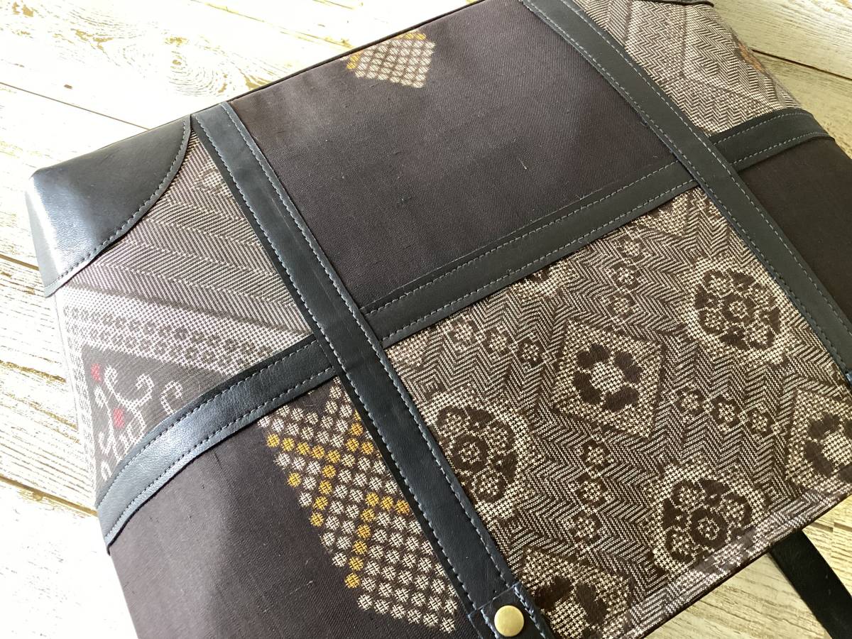 着物リメイク 龍郷 泥大島紬 × 本革 大きめ トートバッグ ファスナー
