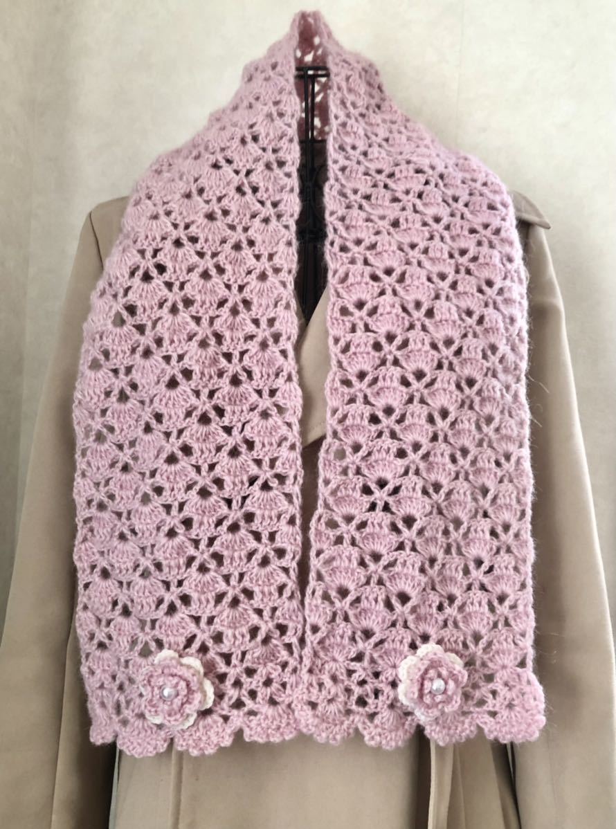 春色 オシャレなお花付き 透かし編みのストール ショール マフラー かぎ針編み 手編み その他 売買されたオークション情報 Yahooの商品情報をアーカイブ公開 オークファン Aucfan Com