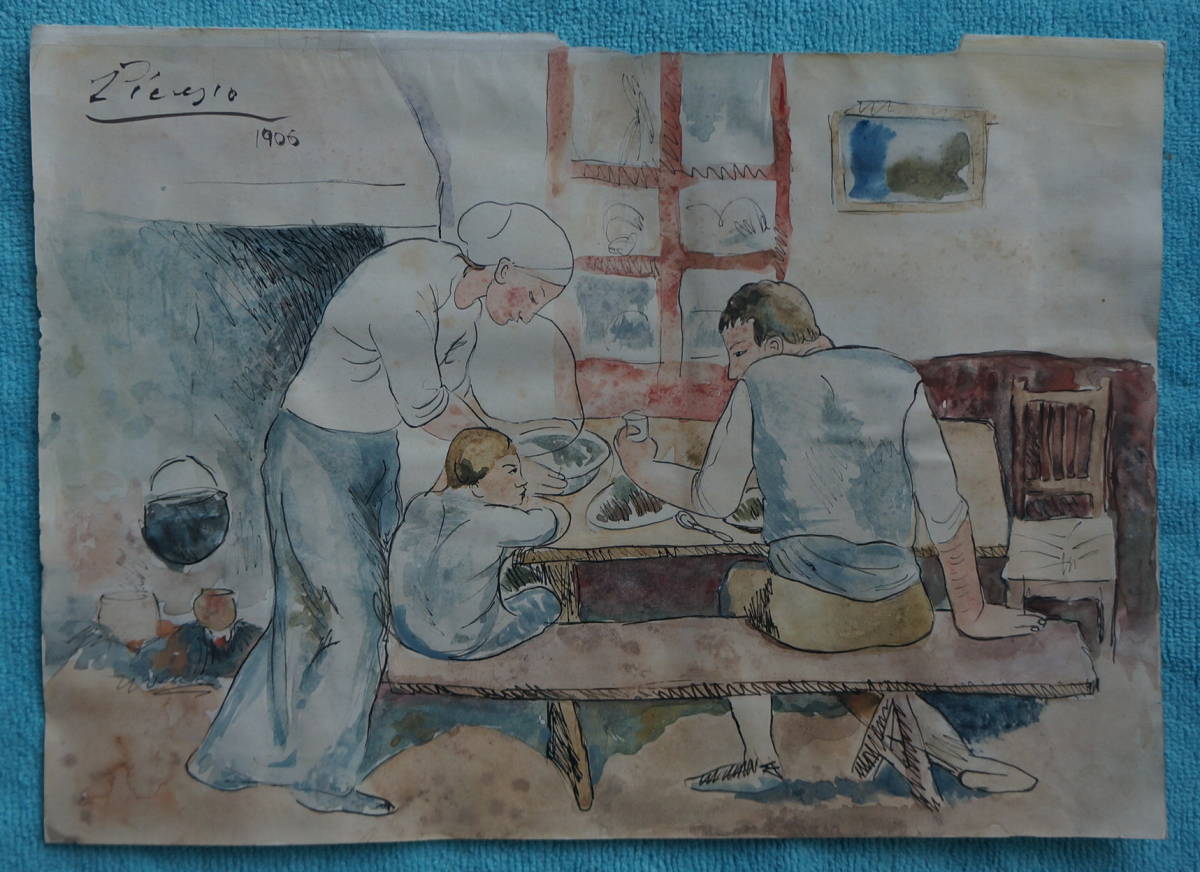 Artworks パブロ ピカソ 夕食をとる家族 1906年 肉筆 水彩 油彩 原画 ピカソ美術館認証 人物画 売買されたオークション情報 Yahooの商品情報をアーカイブ公開 オークファン Aucfan Com