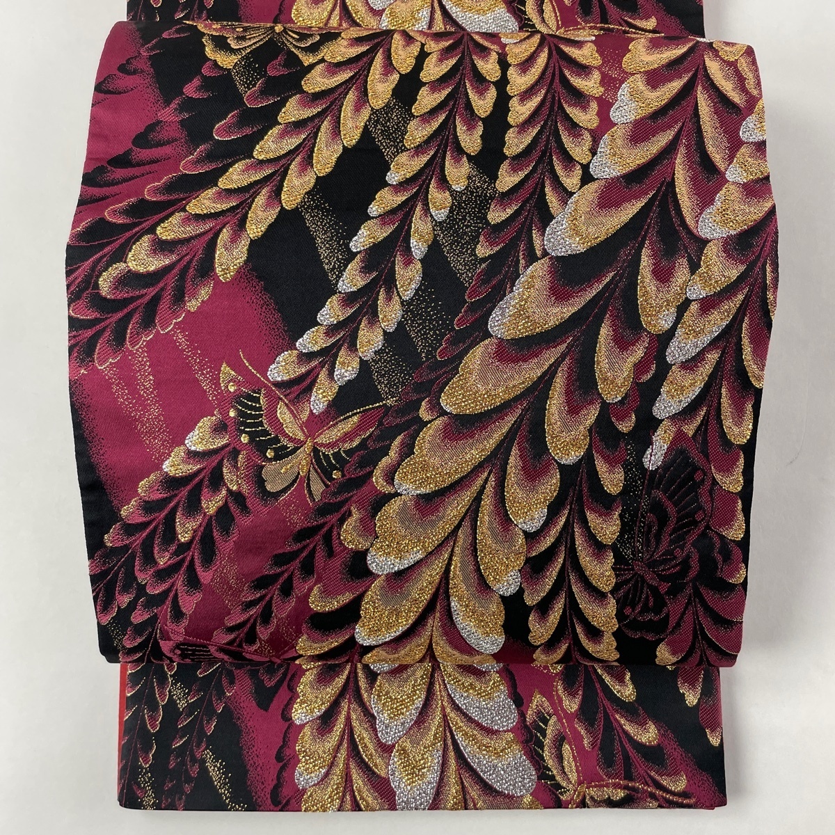 袋帯 美品 秀品 蝶 幾何学模様 箔 赤紫 六通 正絹 【中古】