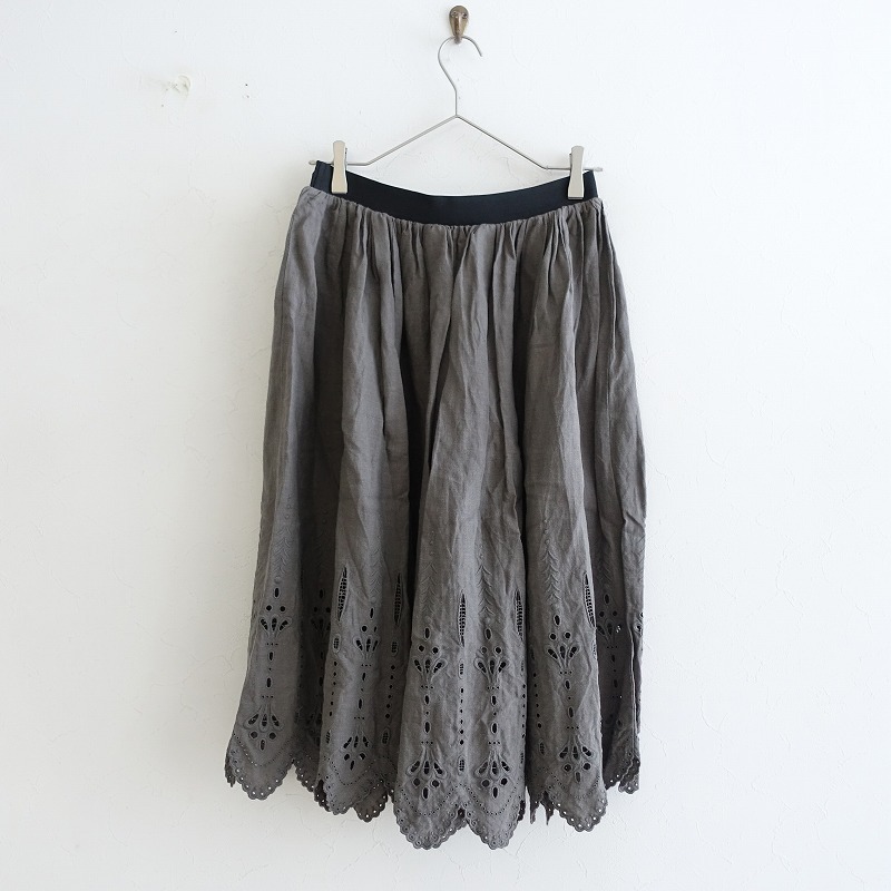 ■【定価2.7万】リゼッタ Lisette ロシェル No.13 リネンカットワーク刺繍ギャザースカート麻グレーグリフュメゴムフレア0322【82C22】