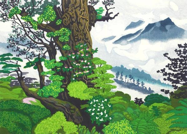 北岡文雄 神秘の屋久島 木版画 版画 絵画 10号 真作】【WISH】北岡文雄「神秘の屋久島」木版画 10号大 1995年作 直筆