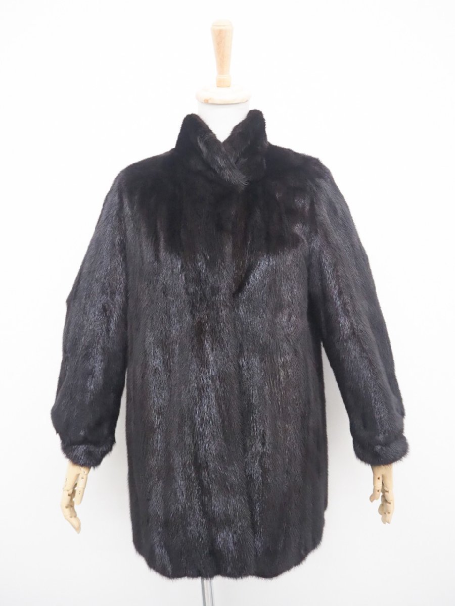 美品【 MG Sable FUR 岐阜毛被 / 銀 SAGA MINK / 胸プリーツ 】高級毛皮 日本製 ブラックミンク ハーフコート 76cm丈◆ブラック 9号◆L716S