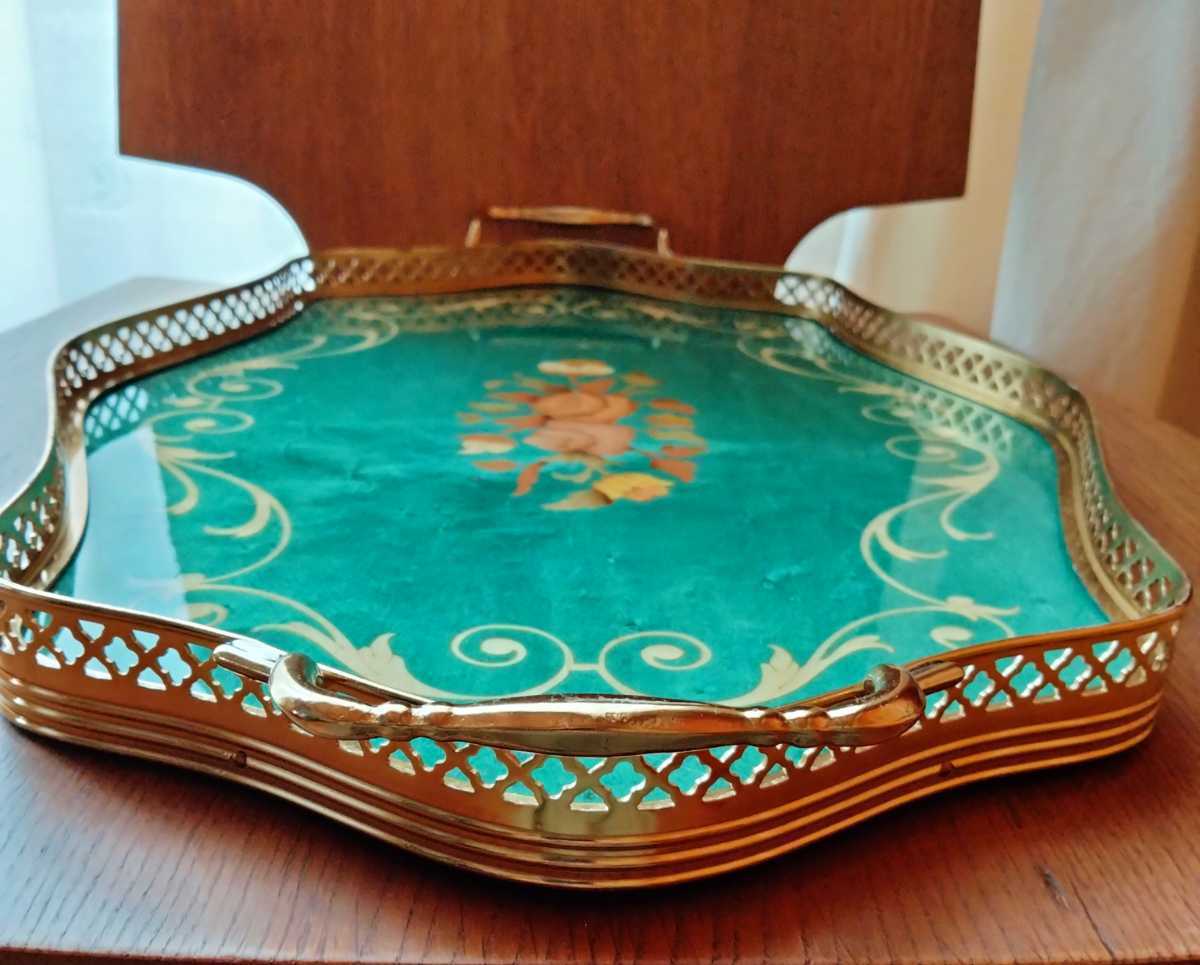ドマン イタリア製 トレー 象嵌 アンティーク花柄トレイ 金縁真鍮木製