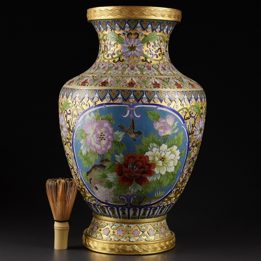 中国美術 銅製 七宝 花鳥図 琺瑯 花瓶 高さ38cm(銅製)｜売買された