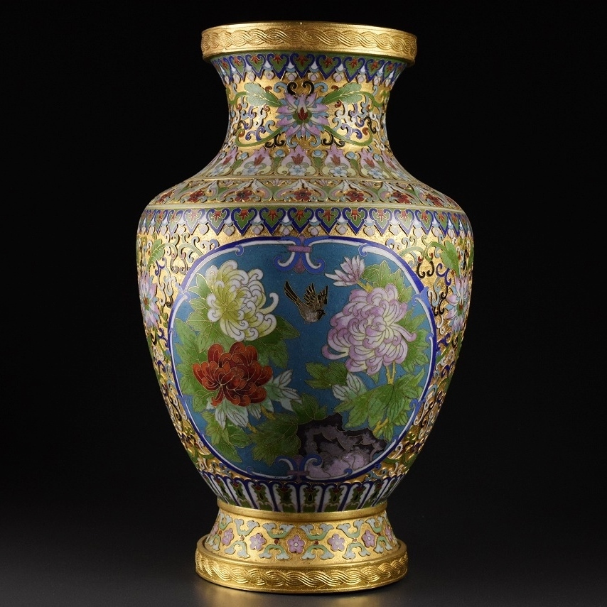 中国美術 銅製 七宝 花鳥図 琺瑯 花瓶 高さ38cm(銅製)｜売買された